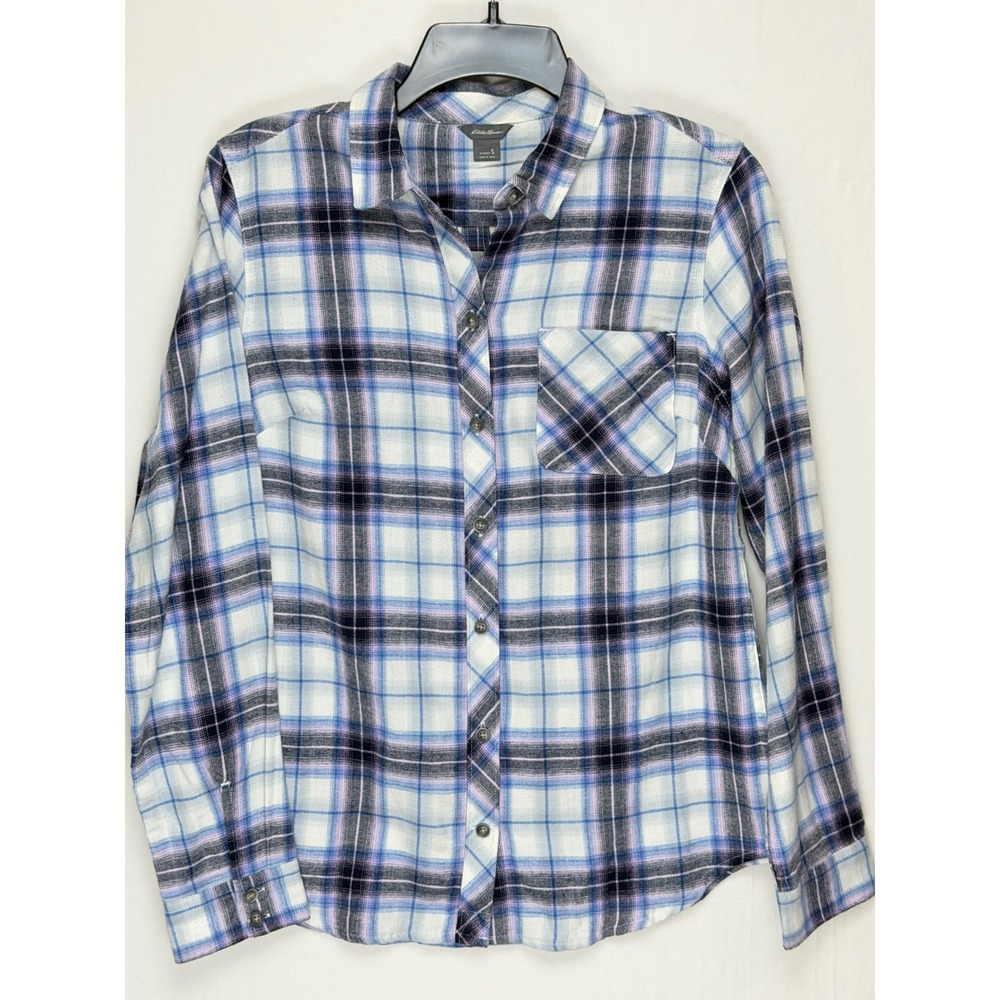 Eddie Bauer NWT Women 100% Cotton Flannel Shirt S Blue Purple Plaid Button Down